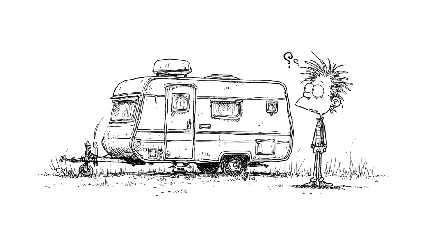 A messy-haired person stares at a small trailer in a grassy field.