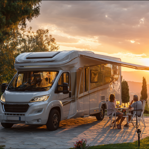 RV parked with awning extended, two people seated at a table outside, enjoying sunset.
