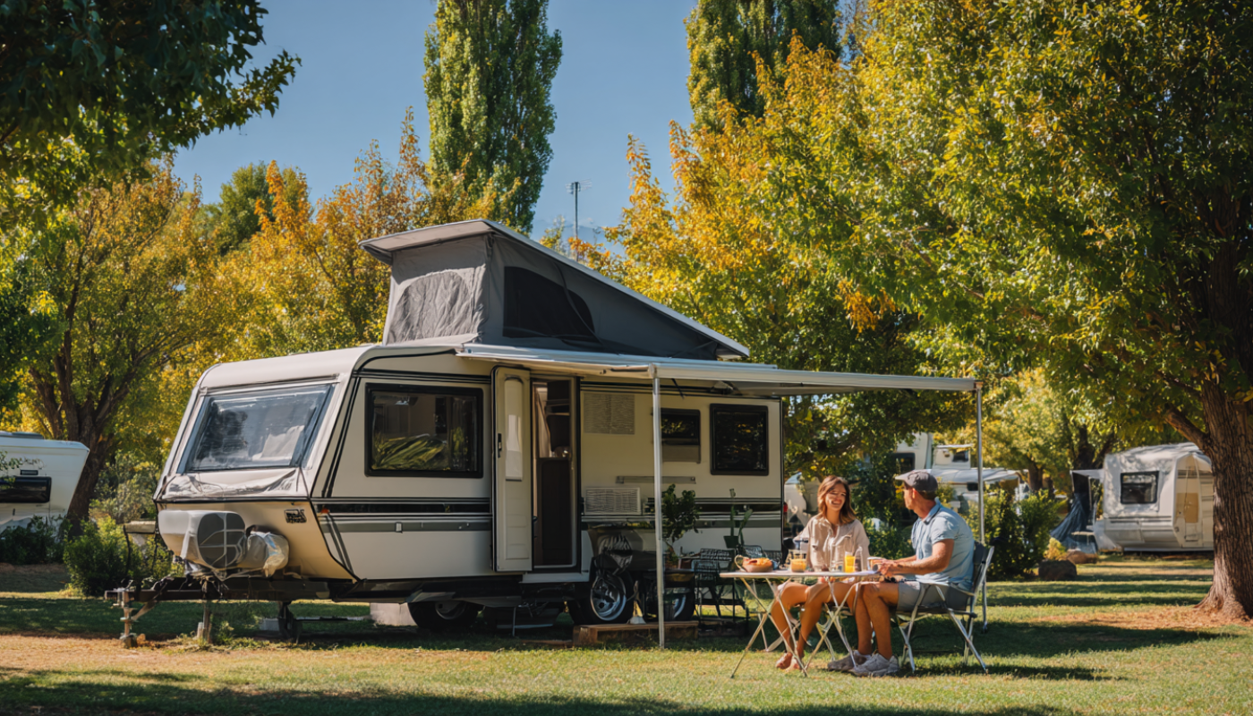 Couple at campsite with RV, sitting at table. Green grass, trees, and blue sky.