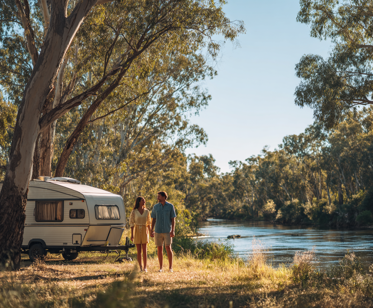 Couple walking near a river with a camper. Sunny day, trees and greenery surround them.