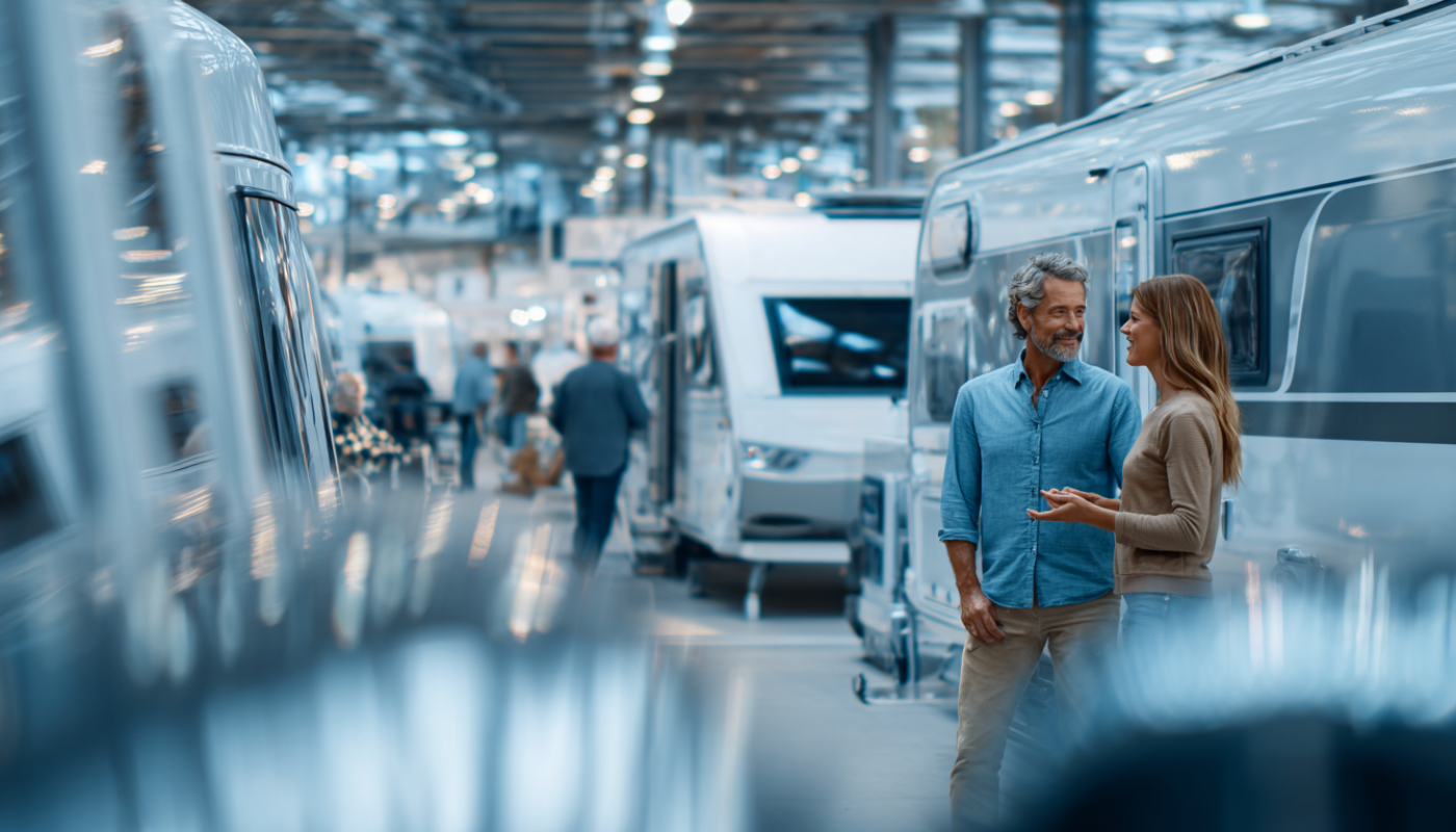 A couple talking near caravans in a showroom. People are walking in the background.