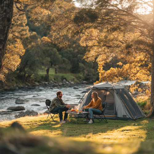 Two people sit at a small table outside a tent beside a flowing river in a golden-lit forest.
