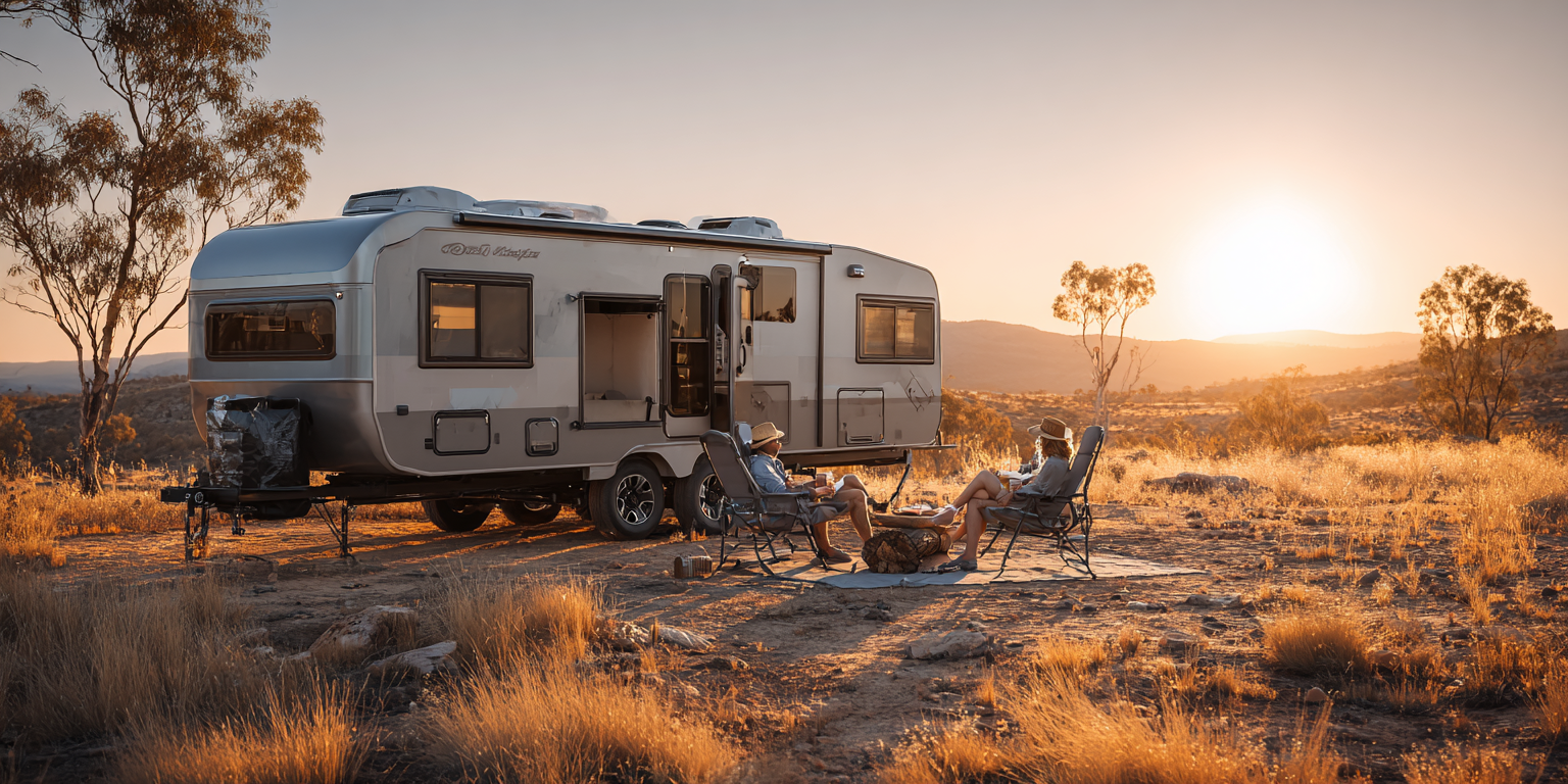 Camper in golden light with chairs, arid landscape, and setting sun.