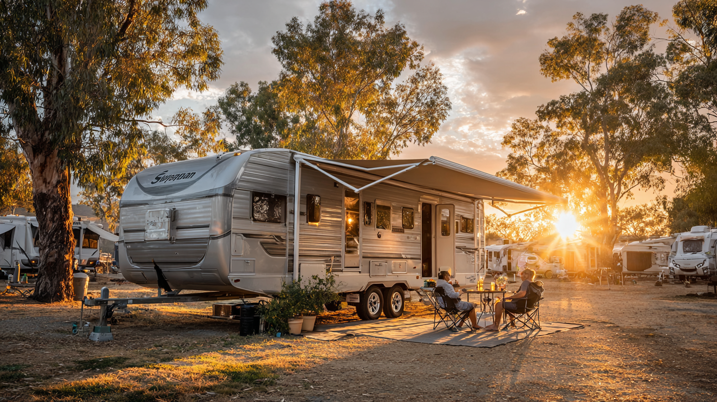 RV parked in a campground with people sitting outside; sunset, trees, and other RVs in the background.