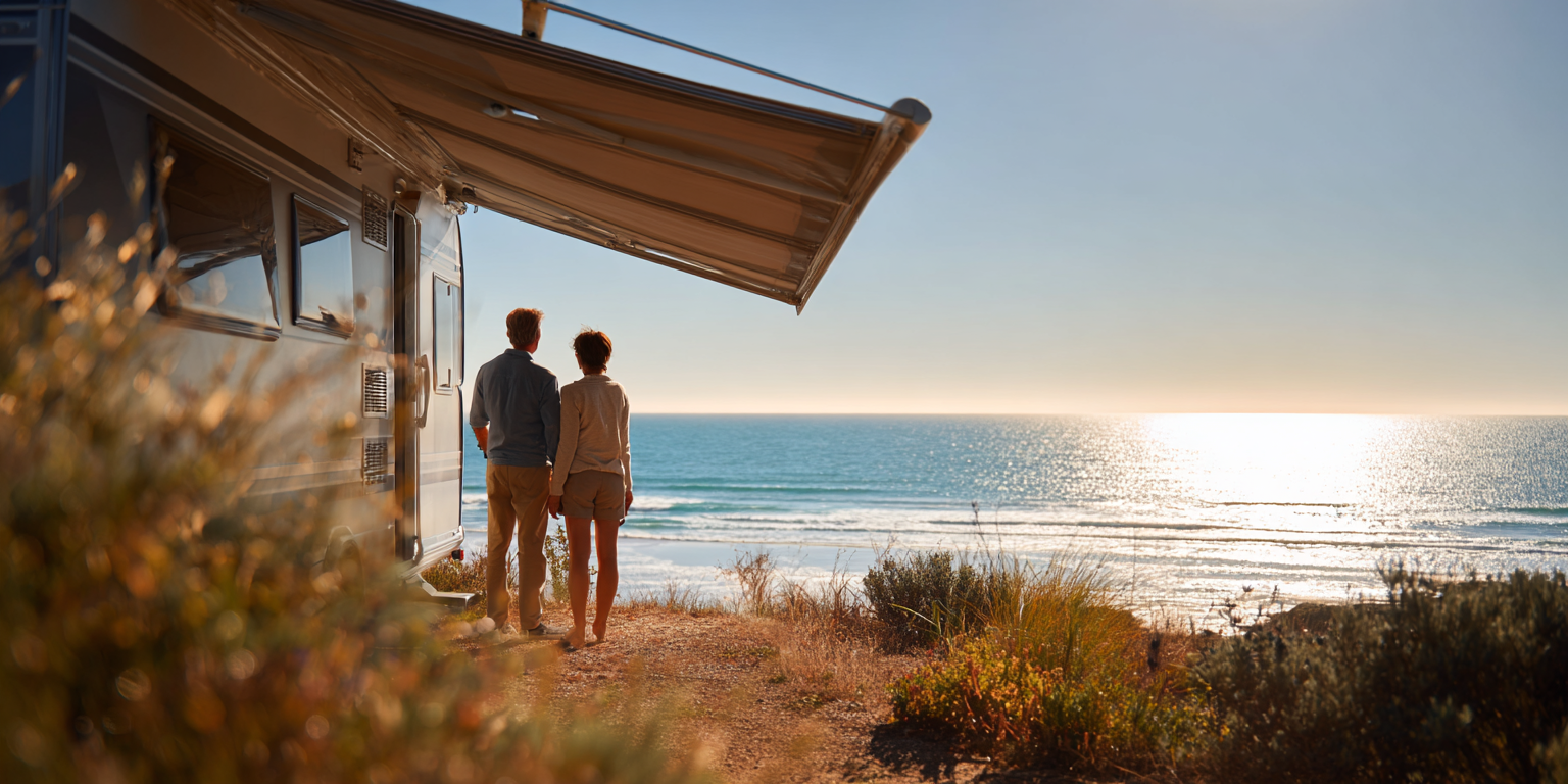 Couple standing near a trailer, looking at a sunny ocean view.