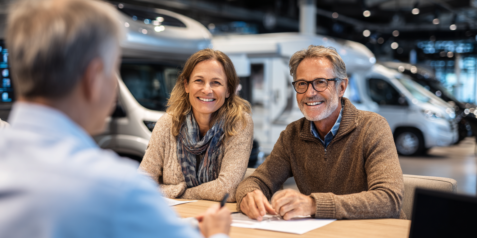 Couple smiles while seated across a table from another person, RVs in background.