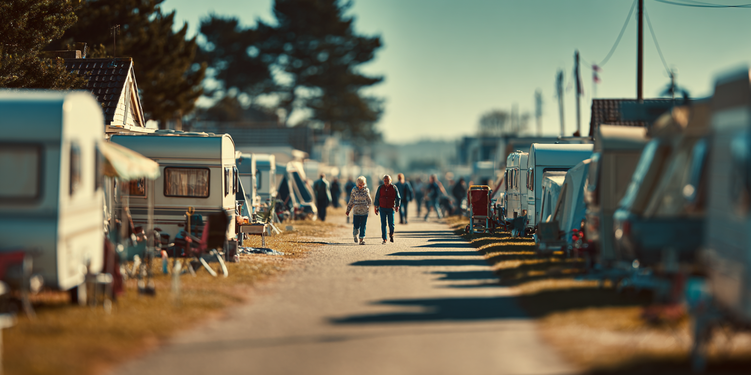 People walking down a road lined with campervans in a campsite on a sunny day.
