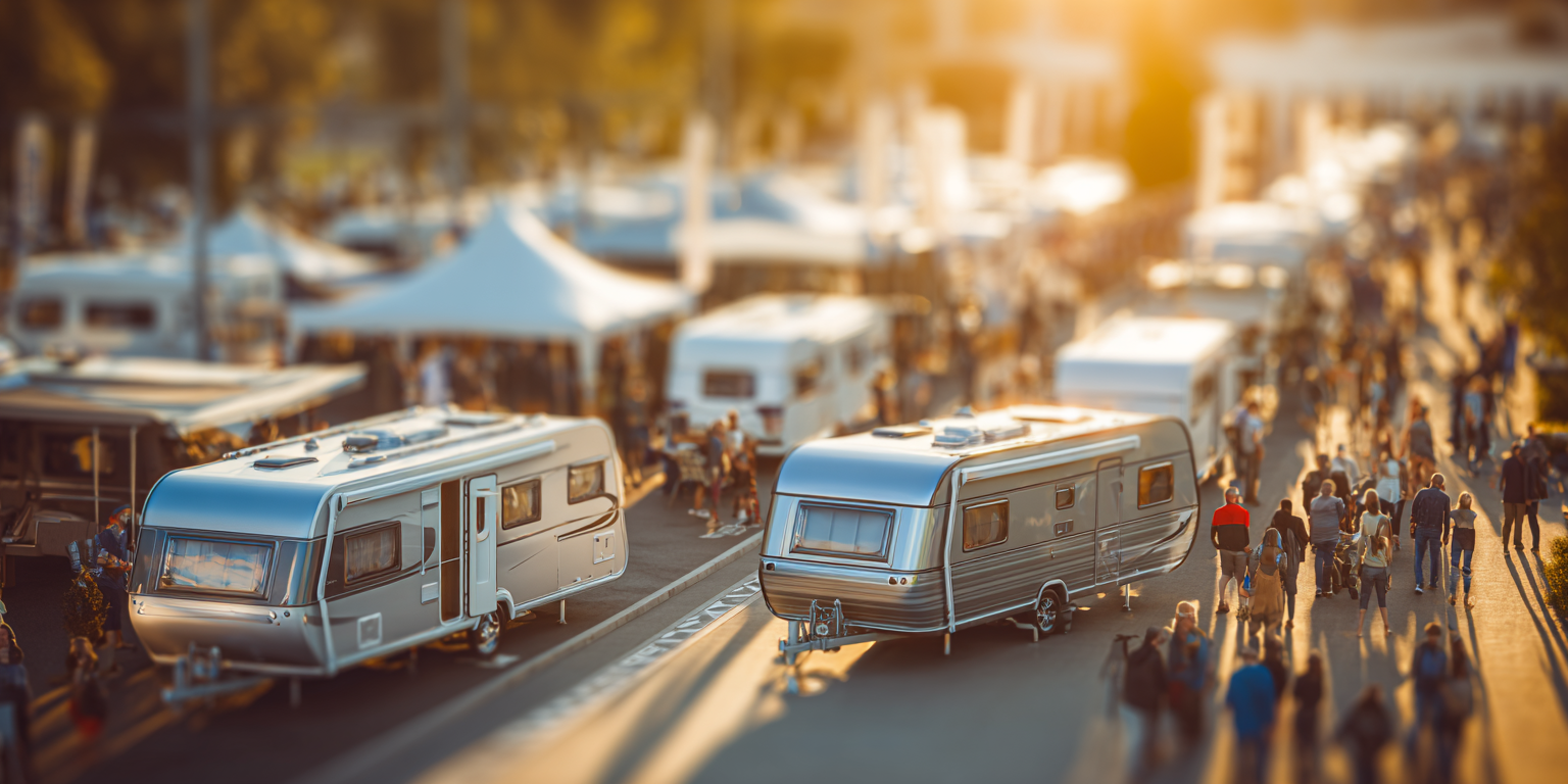 Caravans and people gather outdoors; warm sunlight.