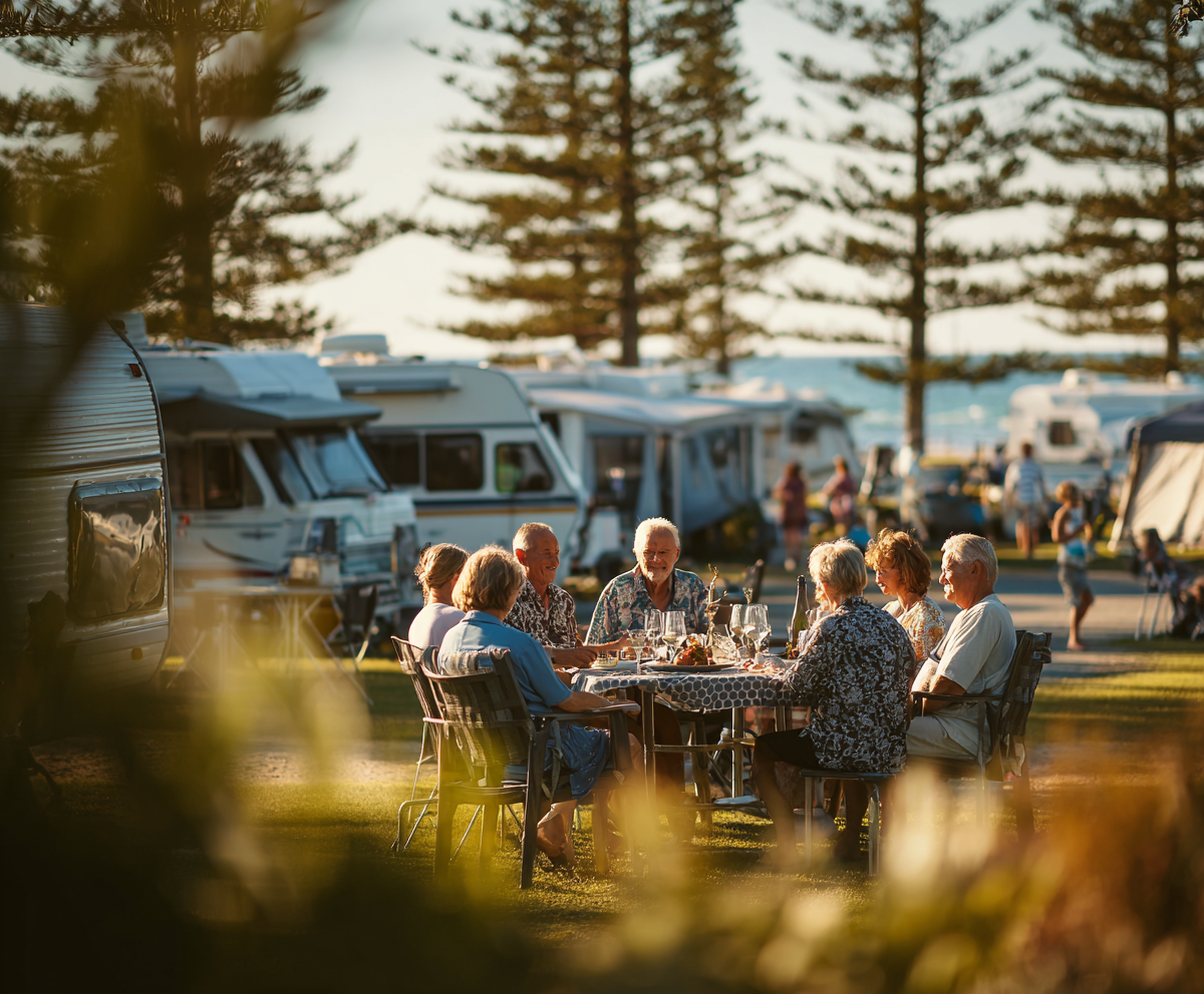 People seated at an outdoor café by camper vans, with tall trees and warm sunset light.