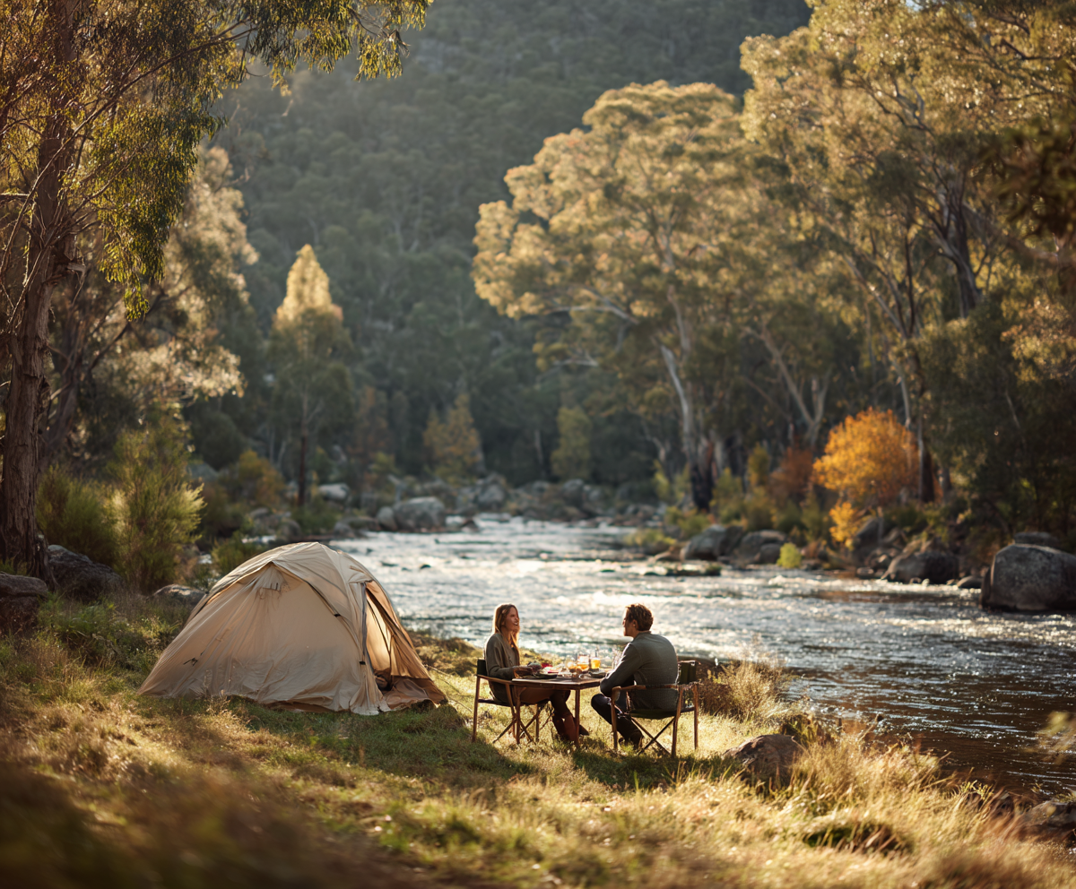 Tent beside a river; two people sit at a table. Sunlight streams through trees.