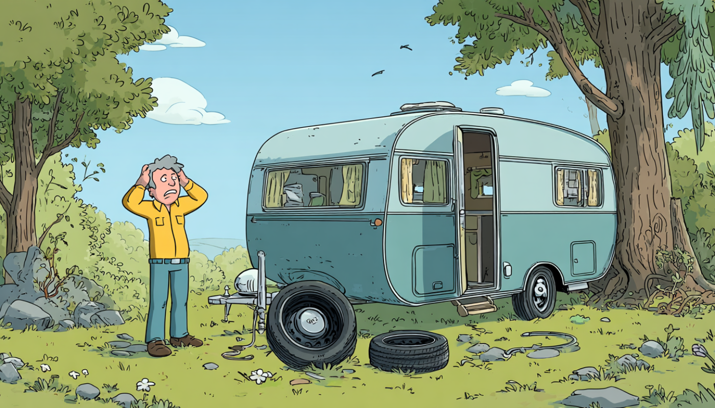 Man with hands on head, looks at his flat-tired, blue camping trailer in a wooded area.