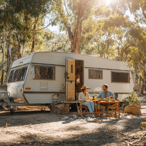 Couple seated at table outside a white camper in a sunny forest setting, drinking and enjoying themselves.
