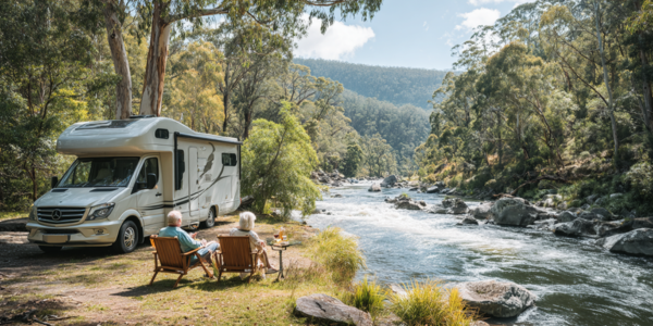 RV parked with awning extended, two people seated at a table outside, enjoying sunset.