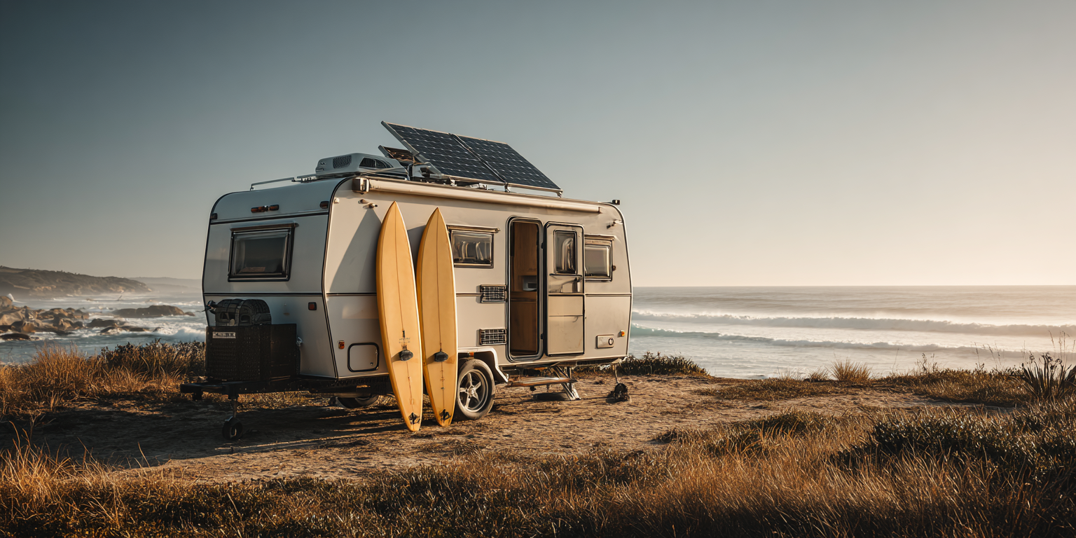 A camper with surfboards parked on a beach, solar panels on the roof.