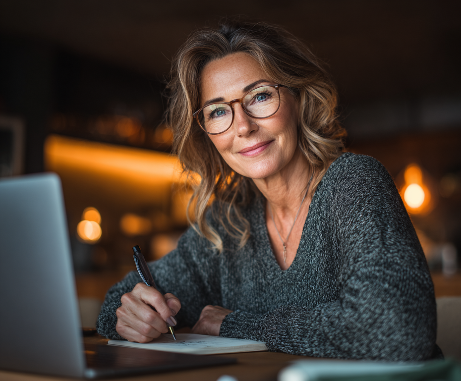Woman wearing glasses, smiling, writing in a notebook near a laptop indoors.