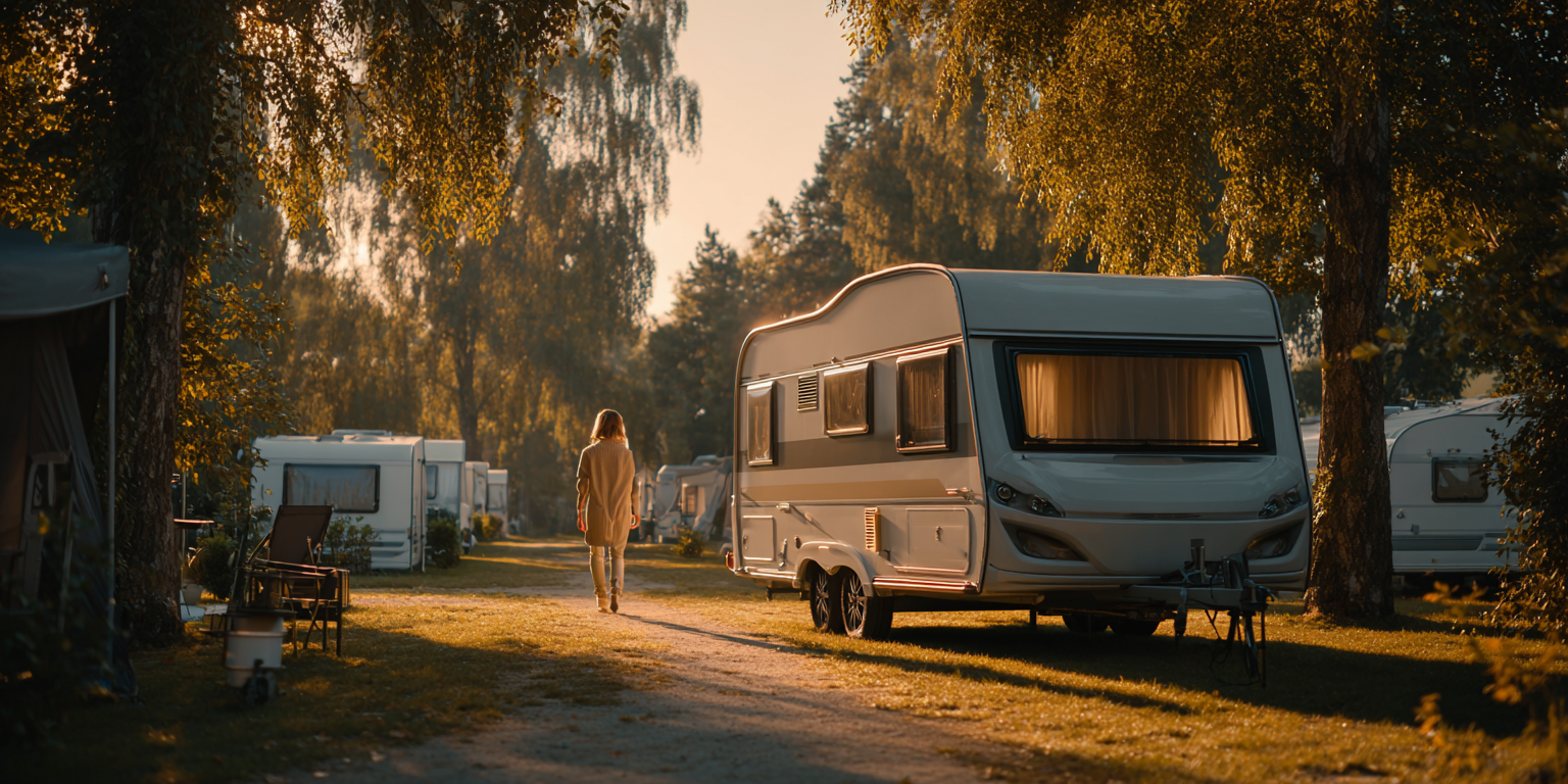A person walks between parked RVs in a sunlit campground.