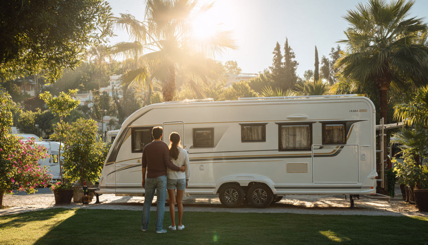 Couple standing in front of a white caravan, sunny outdoor setting.
