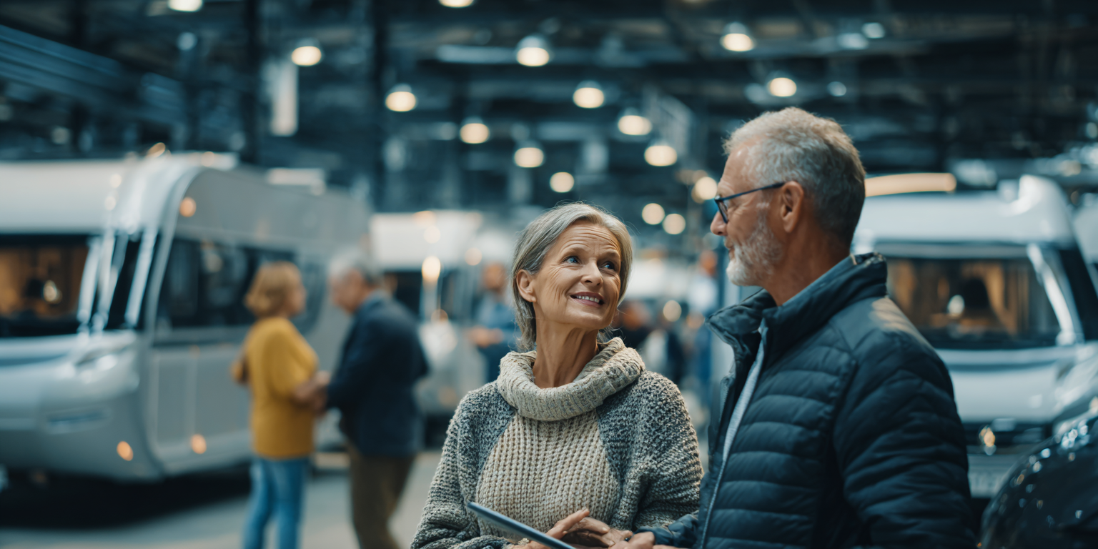 Older couple looking at RVs in a showroom. Smiling, they hold a tablet. Other people and RVs are in the background.