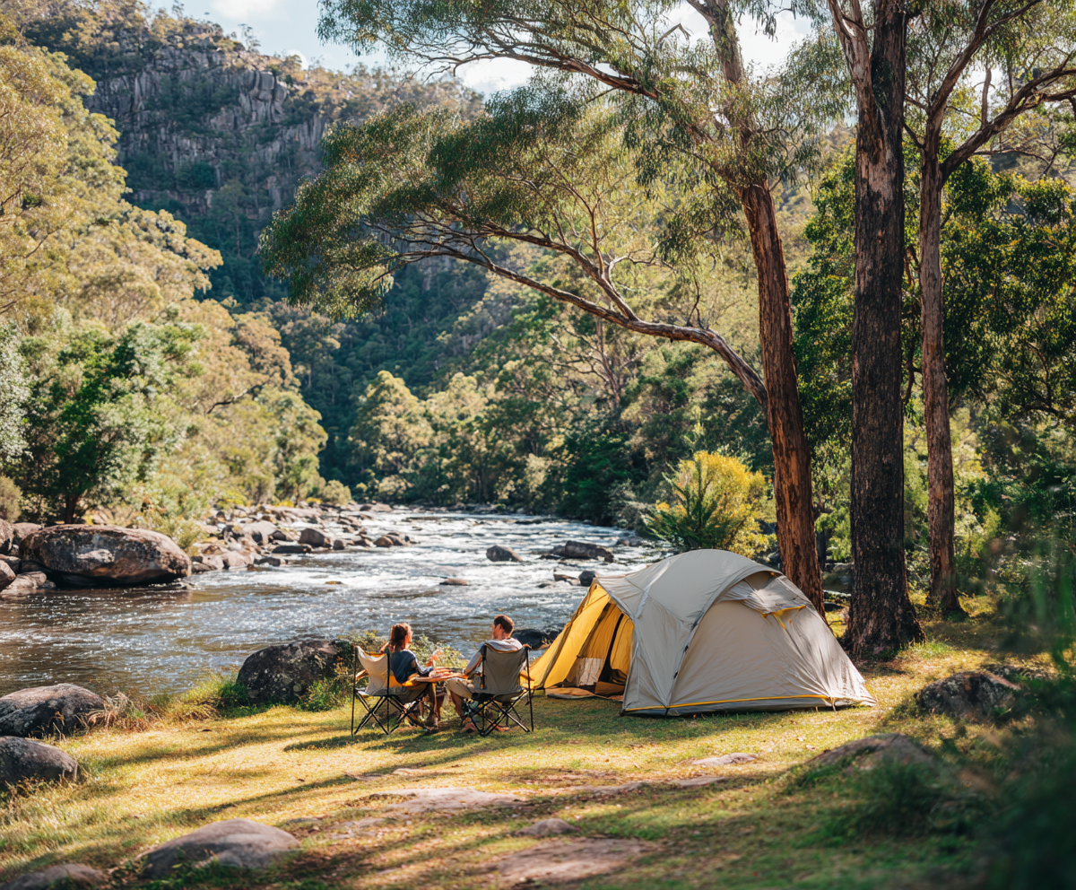 Camping scene by a river: tent, two people in chairs, trees, and flowing water.