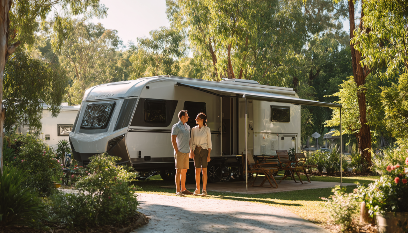 Couple standing by a camper in a sunny campsite, awning open, surrounded by trees.