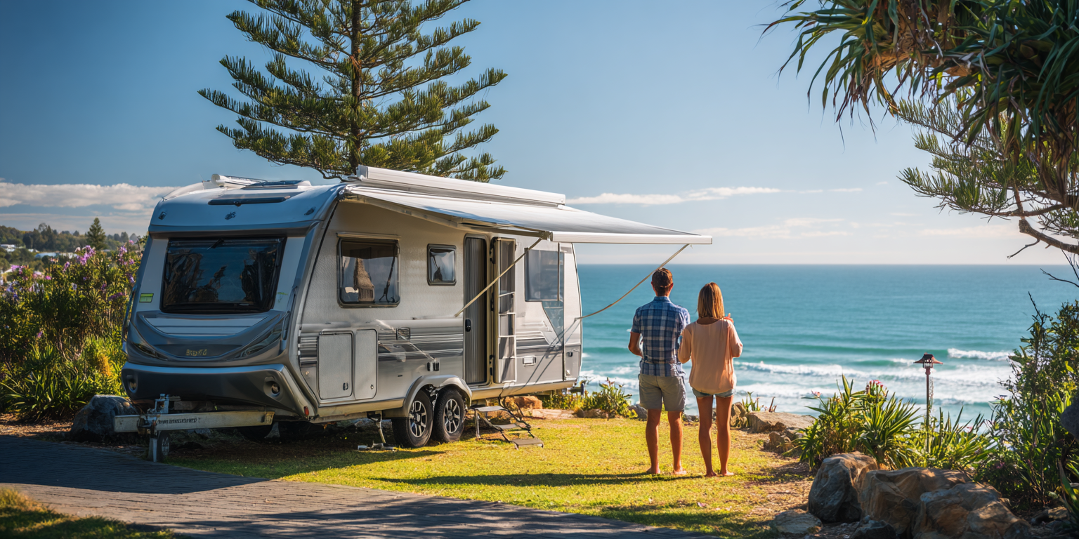 Couple standing by a caravan overlooking the ocean. Sunny day.