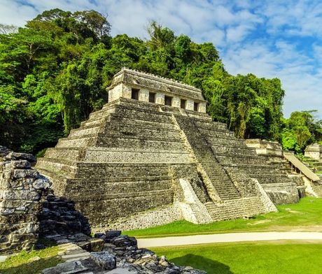 Pyramid temple in Palenque, Mexico, surrounded by lush green jungle and blue sky.
