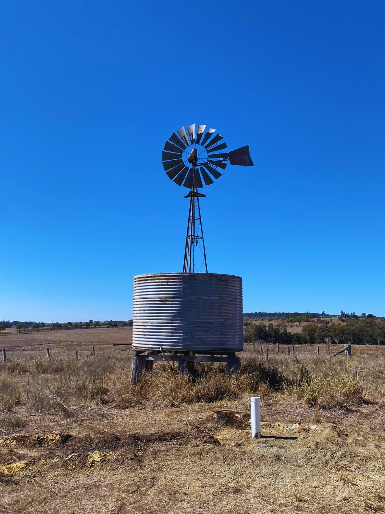 Windmill atop a corrugated water tank in a dry field under a blue sky — Local Drilling Services In Kingaroy, QLD