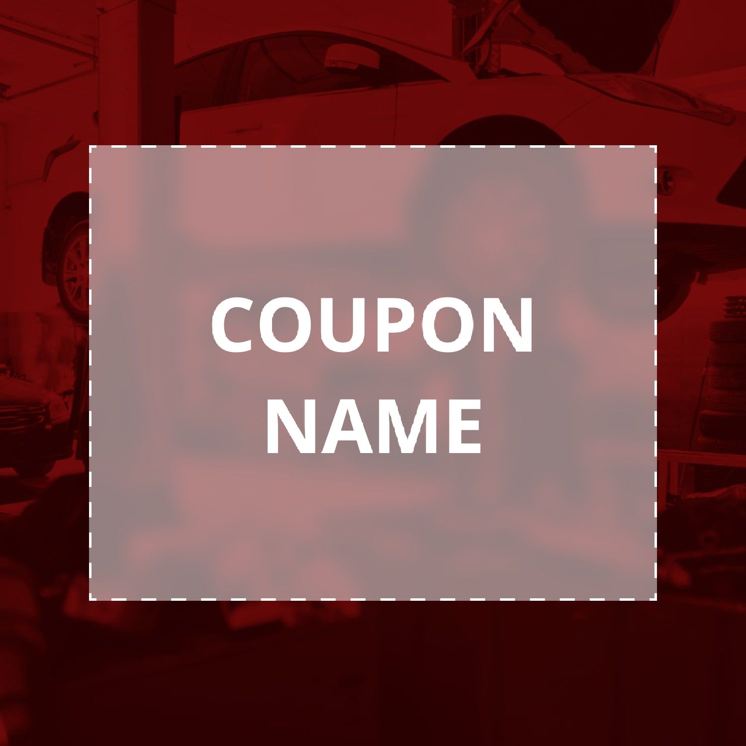 Coupon placeholder over a blurred red image of a car being worked on in a garage.