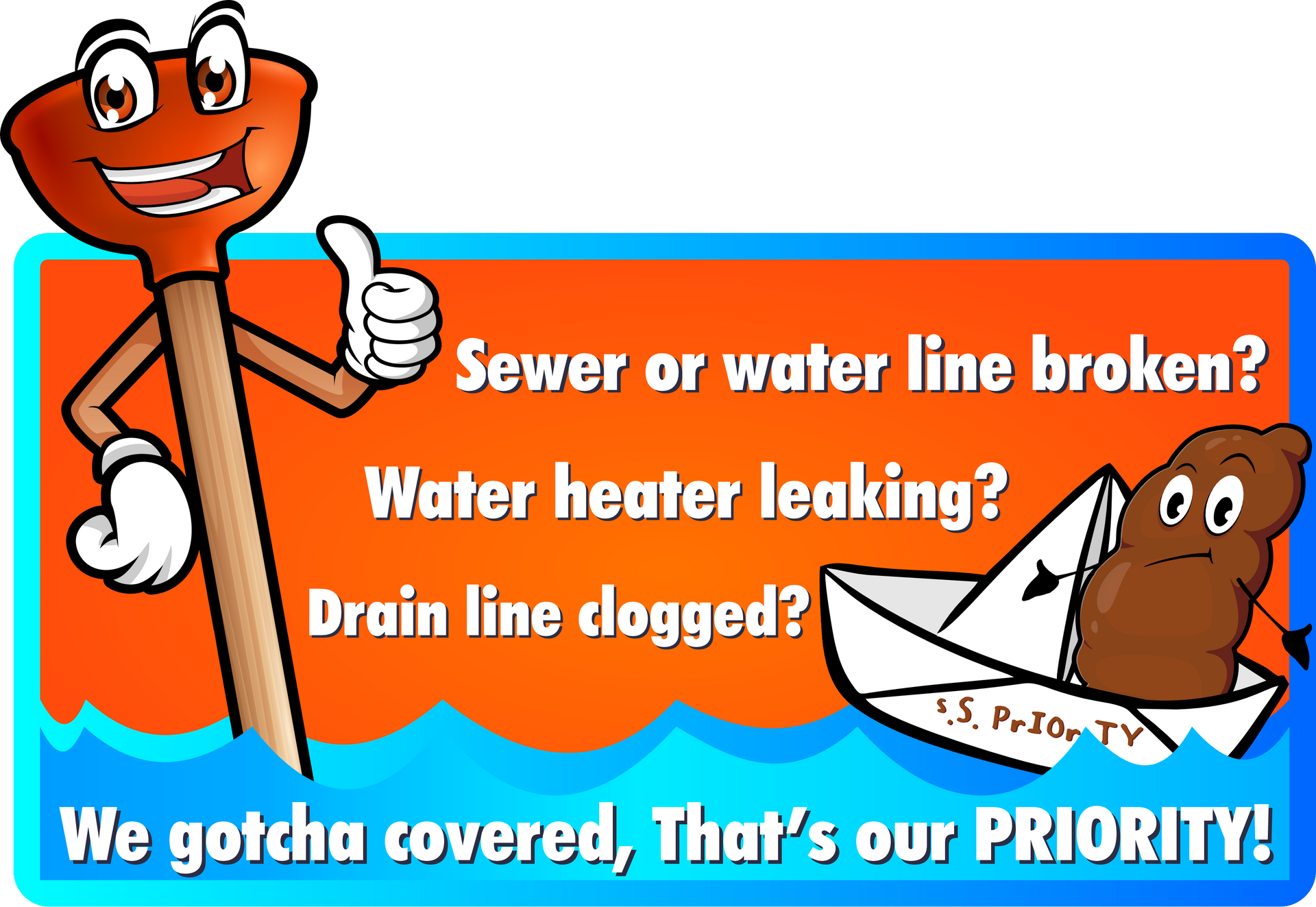 The logo for priority plumbing and drain has a cartoon character holding a plunger and giving a thumbs up.
