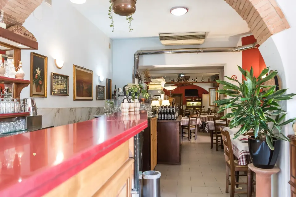 Accogliente interno del ristorante con bancone rosso, quadri alle pareti e piante in vaso lungo la zona pranzo.