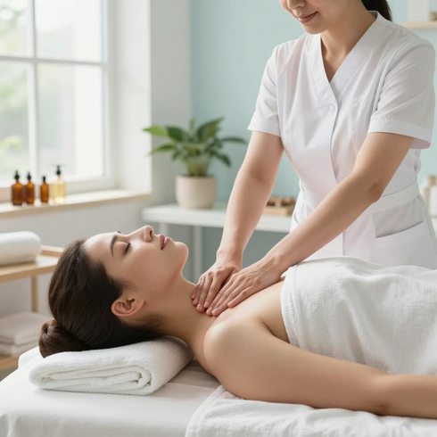 Una masajista con uniforme blanco realiza un masaje en el cuello