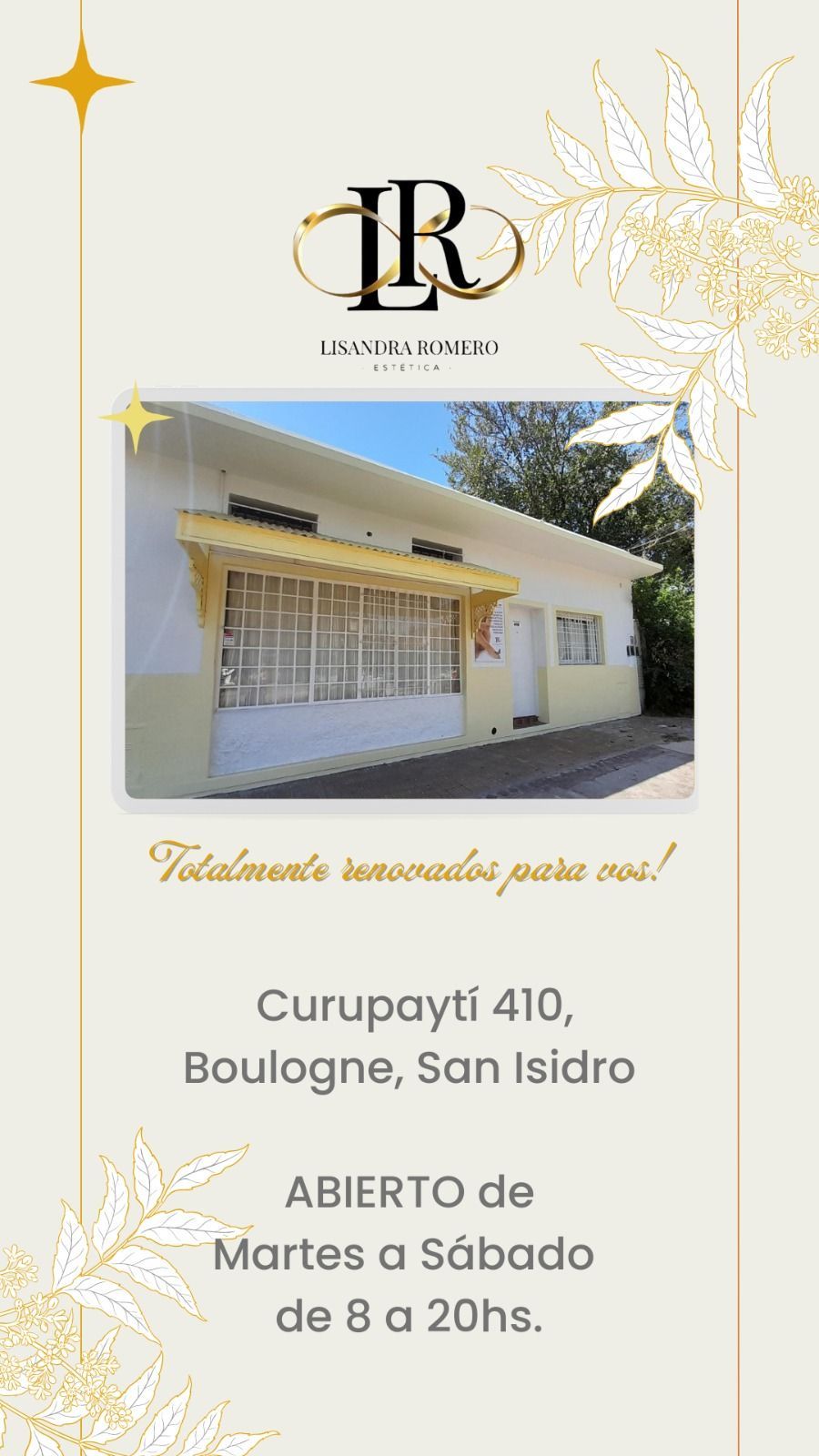 Folleto informativo del salón LR en Boulogne, San Isidro, con foto del edificio