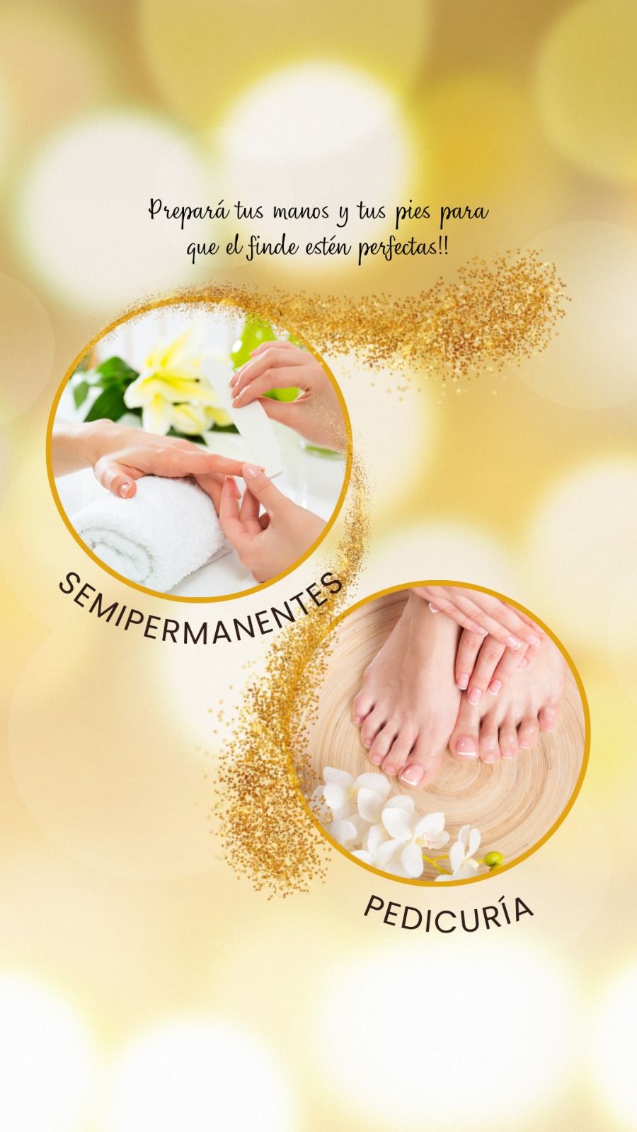 Anuncio con dos inserciones circulares que muestran una manicura y una pedicura, con un fondo de bokeh dorado.