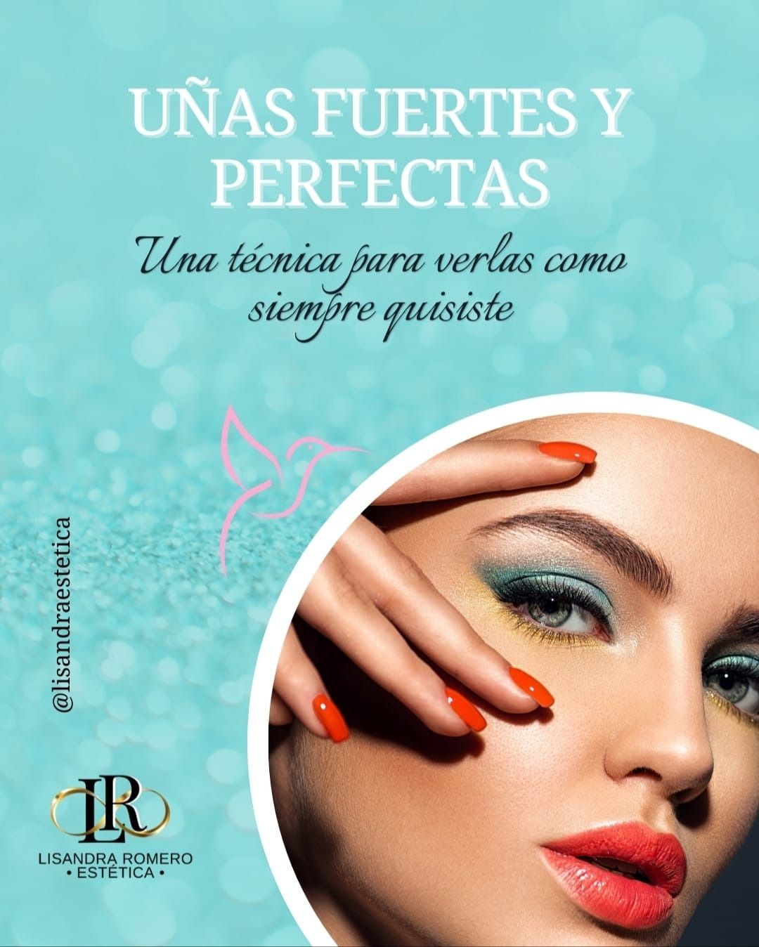 Folleto promocional de servicios de manicura que muestra a una mujer con las uñas pintadas 