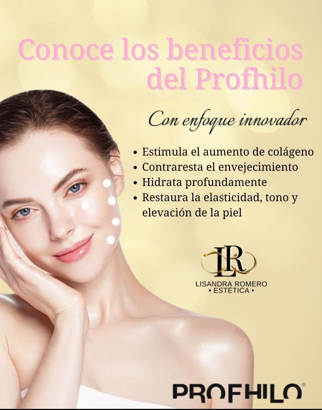 Anuncio promocional del tratamiento para la piel Profhilo, que enumera sus beneficios 