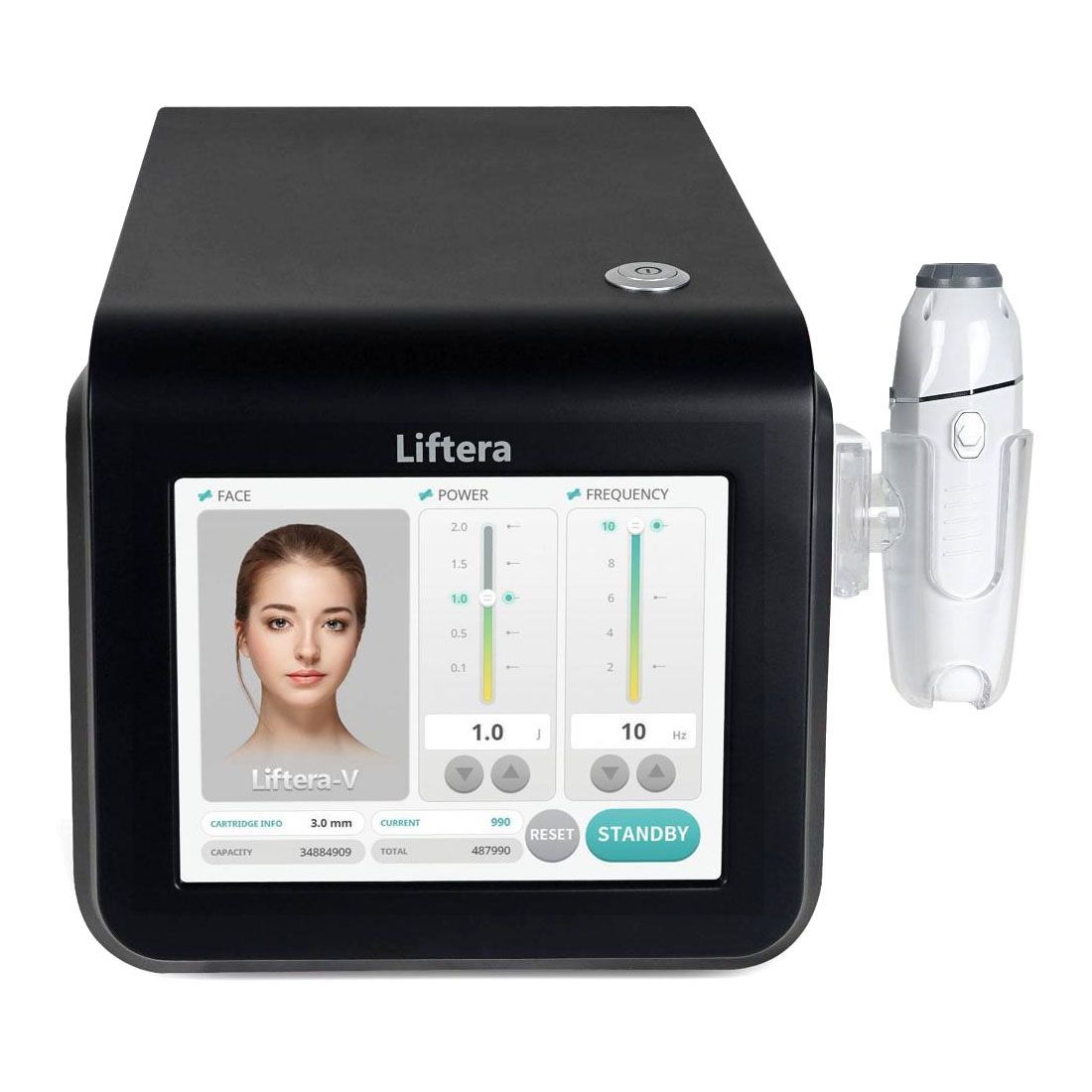 一台黑白機器，螢幕上有一張女人的臉。