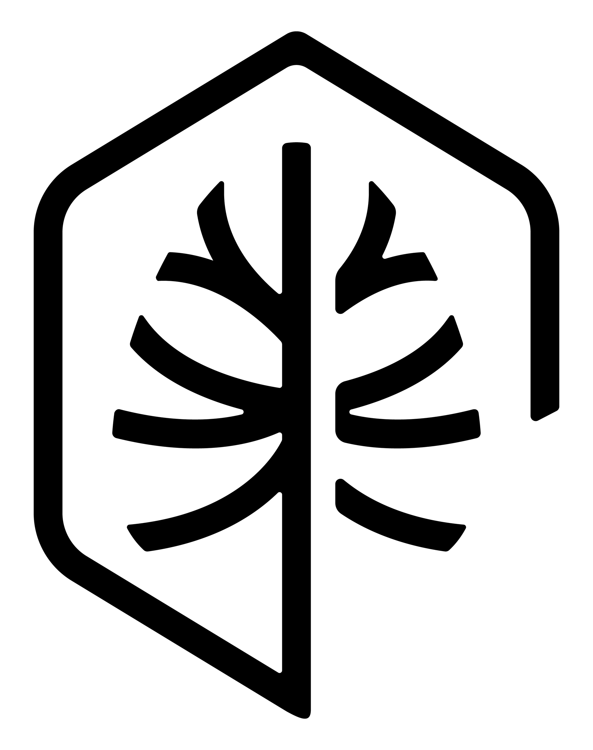 Black geometric leaf logo inside an outlined hexagon on a white background