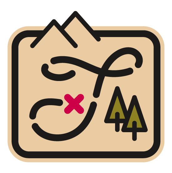 An icon featuring a stylized path, a red X marking a spot, two green pine trees, and mountain silhouettes.