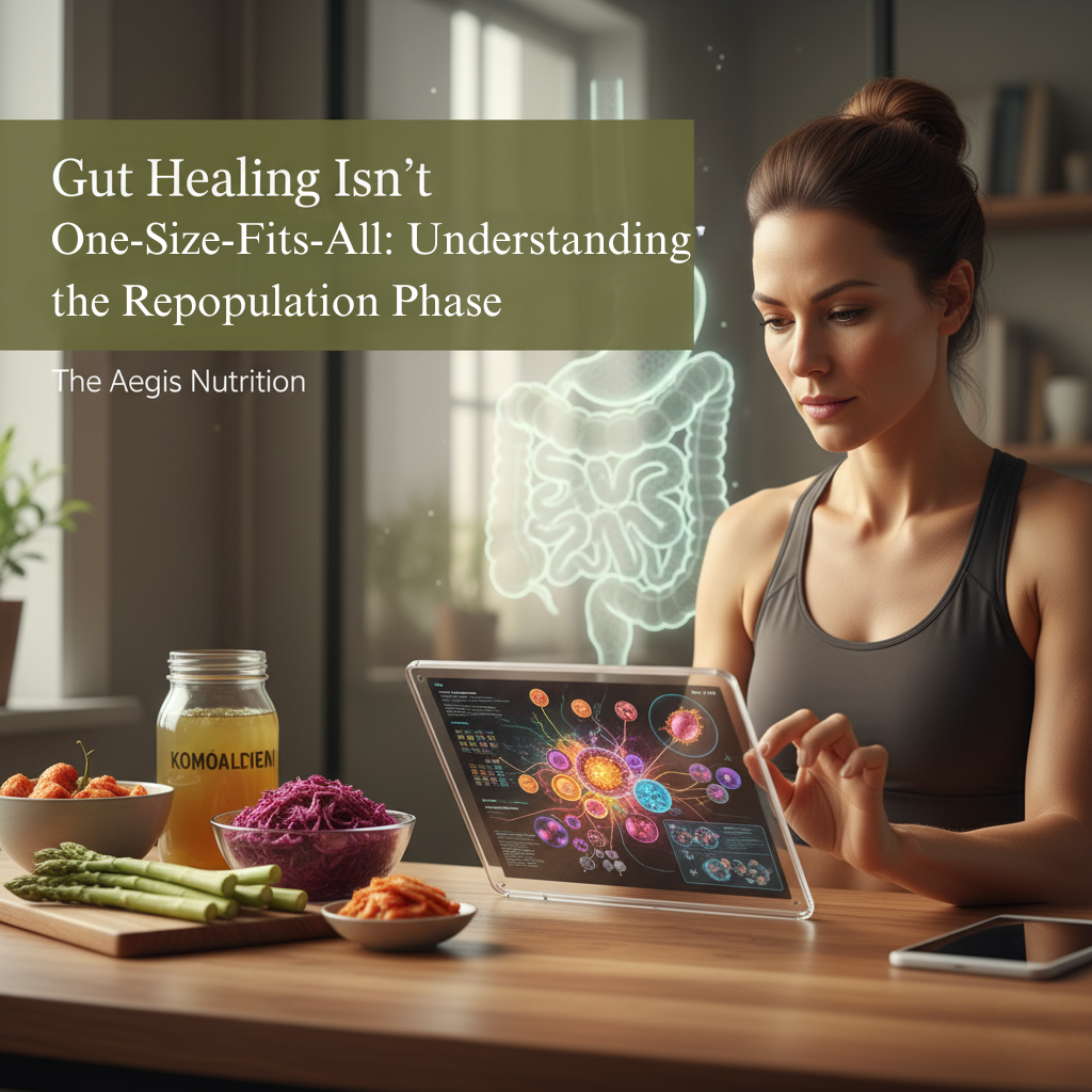 Woman researching gut health on a tablet, surrounded by healthy foods and a graphic of intestines.