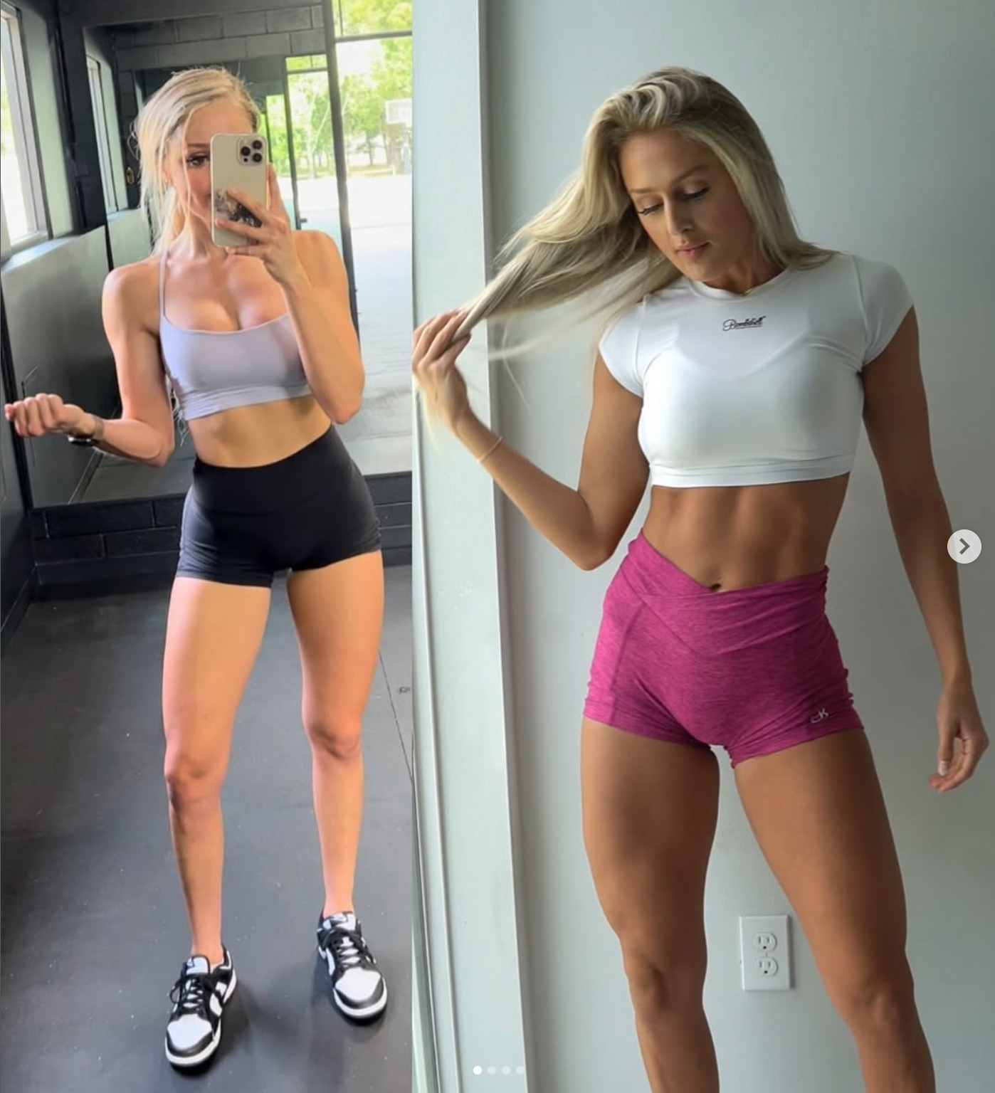 Two women in athletic attire pose for photos, showing their abs.