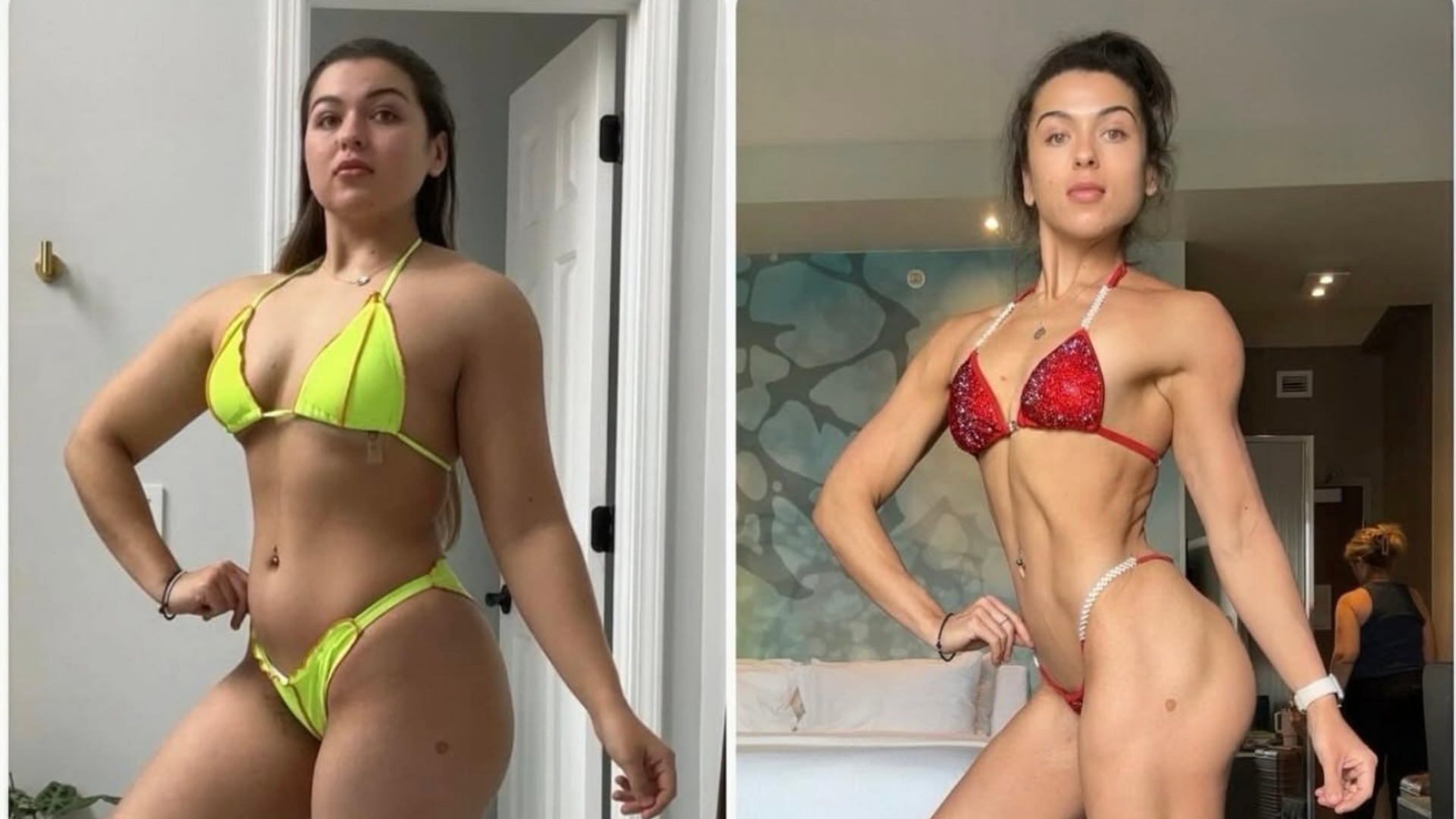Side-by-side comparison of a person in a bikini, showing physical transformation with visible muscle definition.