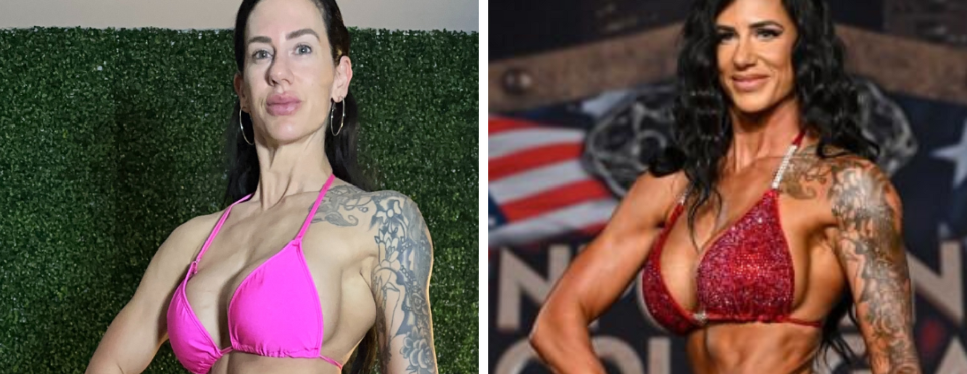 Two side-by-side photos of a woman. She wears a pink bikini on the left and a red bikini on the right. Both feature a tattoo on her arm.