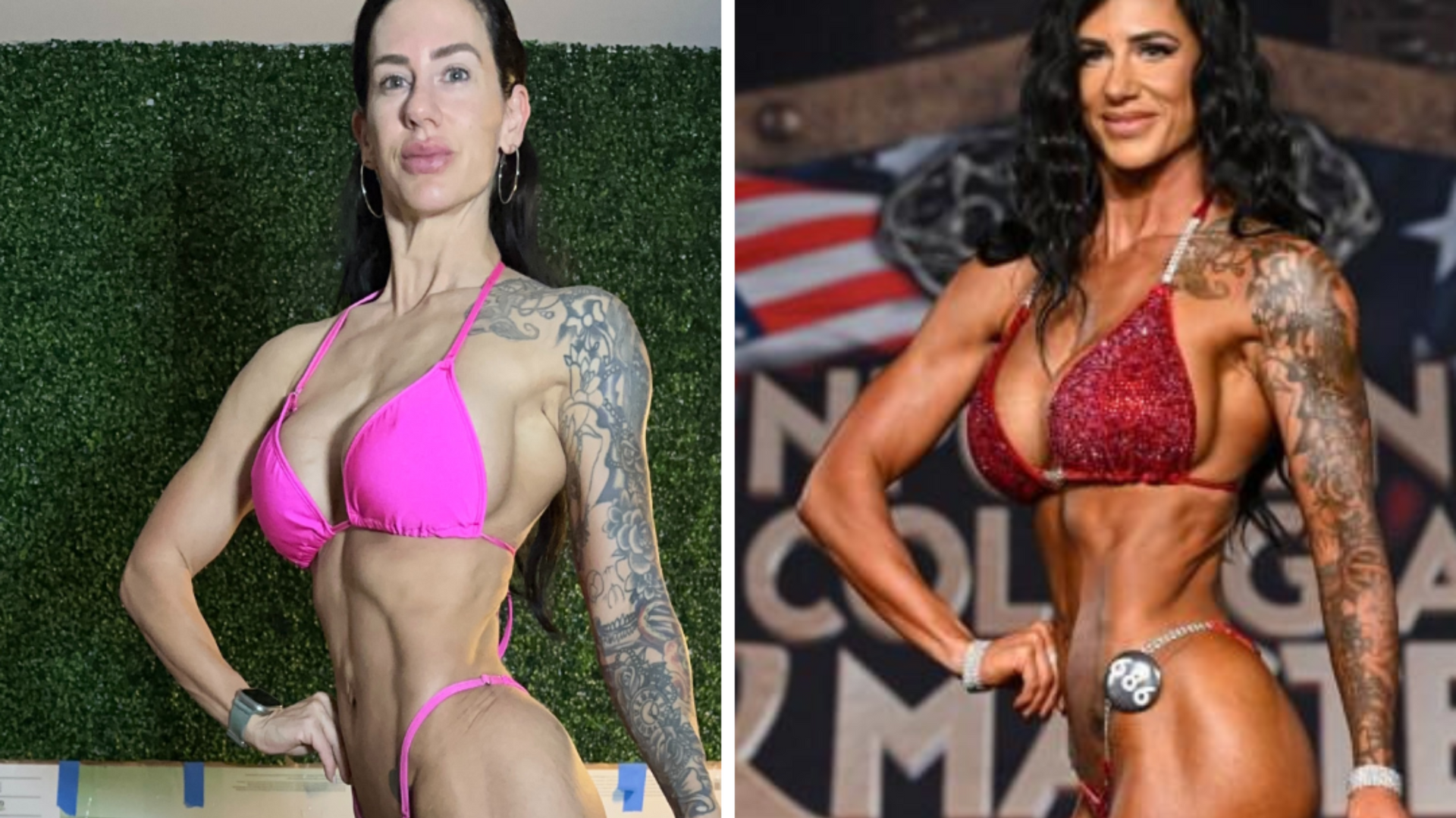 Two photos of a bodybuilder with a full sleeve tattoo, in a bikini. One is in pink, the other red, at a competition.