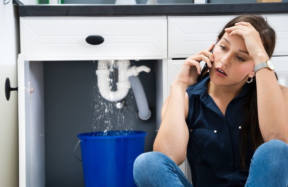 Photo of a plumber repairing a leaking pipe in a modern home kitchen, showcasing tools and technique