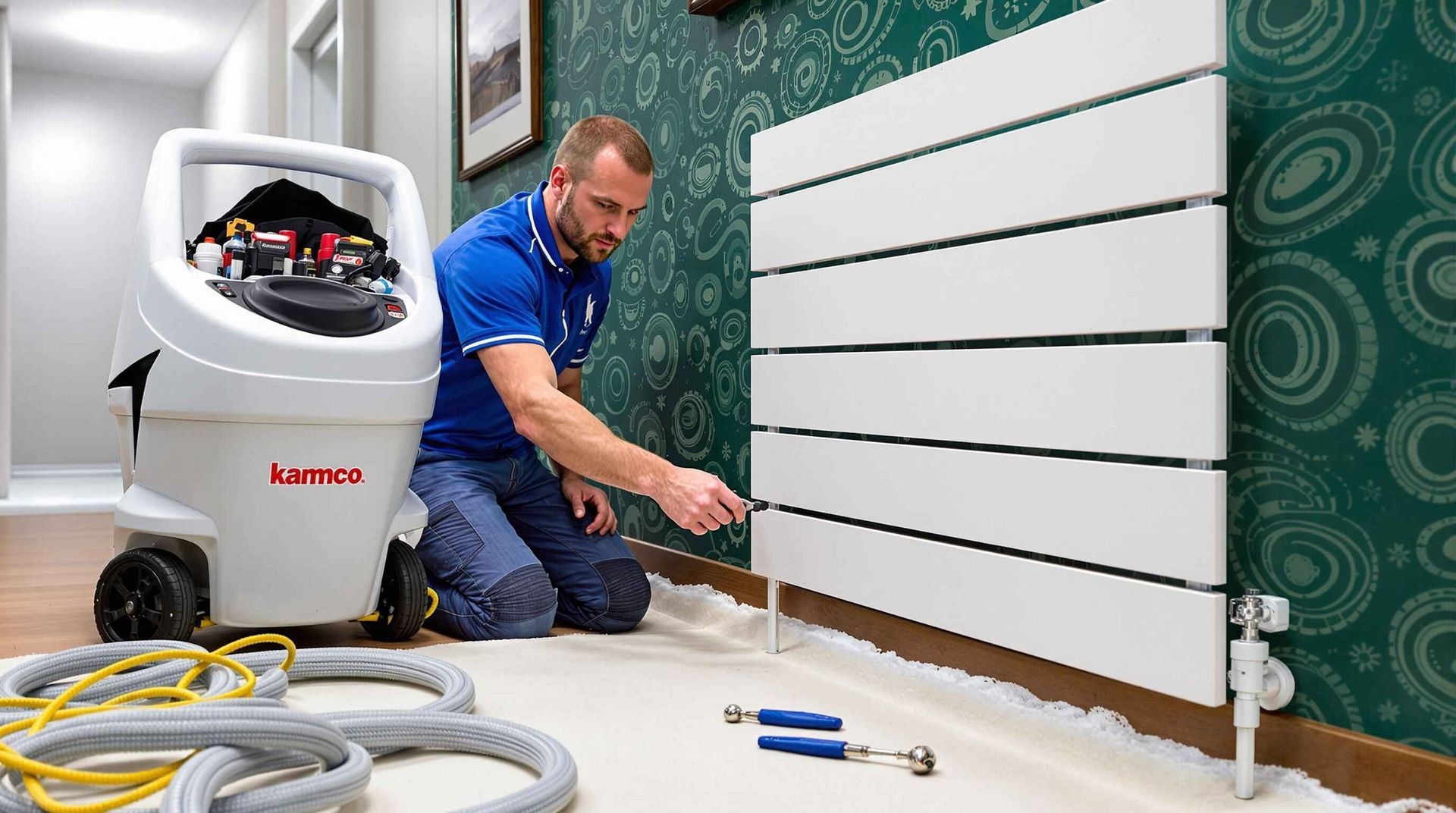 Engineer performing power flushing on a central heating system in a London home