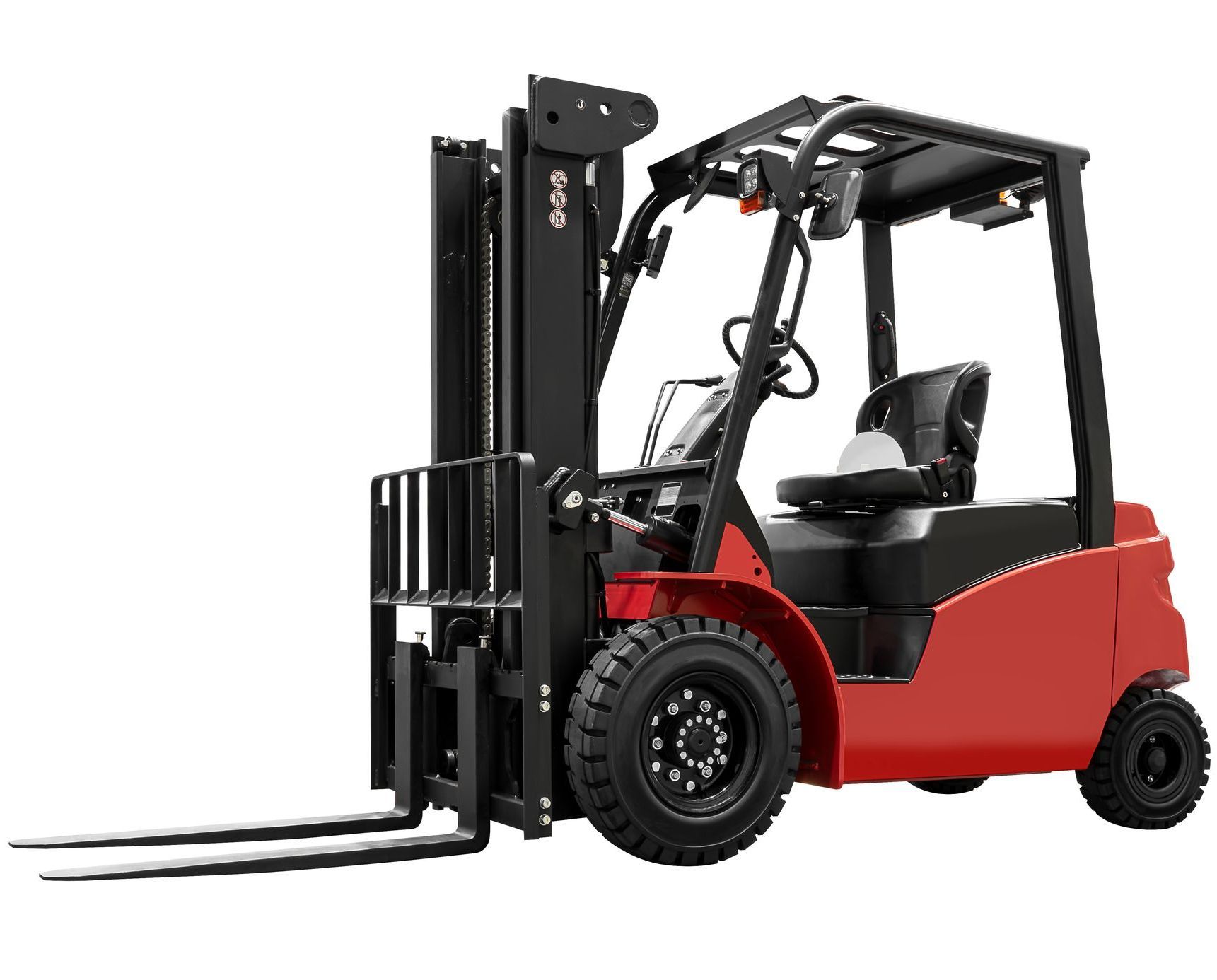 A red and black forklift on a white background.