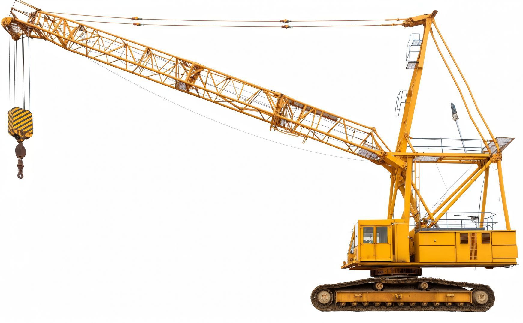 A yellow crane is sitting on a white background.