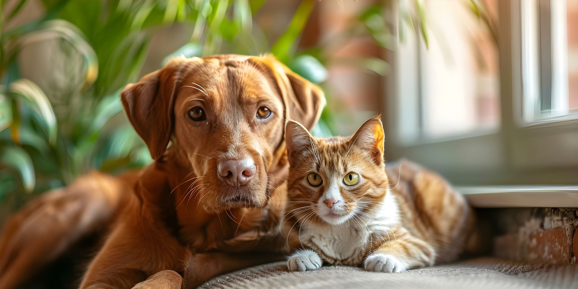 A dog and a cat are laying next to each other on a couch.
