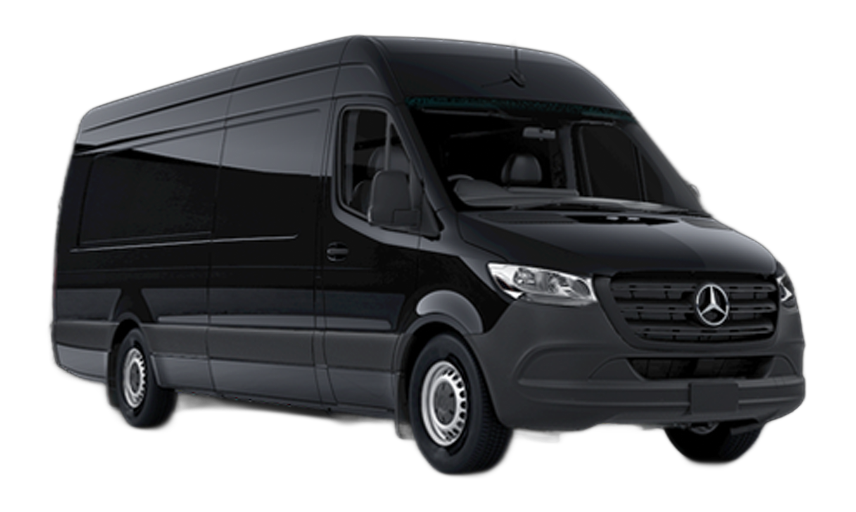A black Mercedes-Benz Sprinter van viewed from the front three-quarter angle against a plain white background.