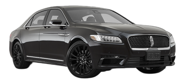 A black Lincoln Continental sedan viewed from the front three-quarter angle on a white background.